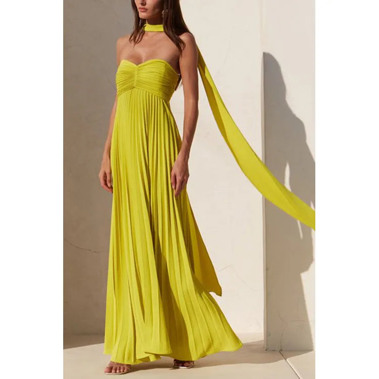 Pleated Long Skirt Custom logo Casual Solid Color Dress Directly Ribbon Tube Top Dress Wholesale