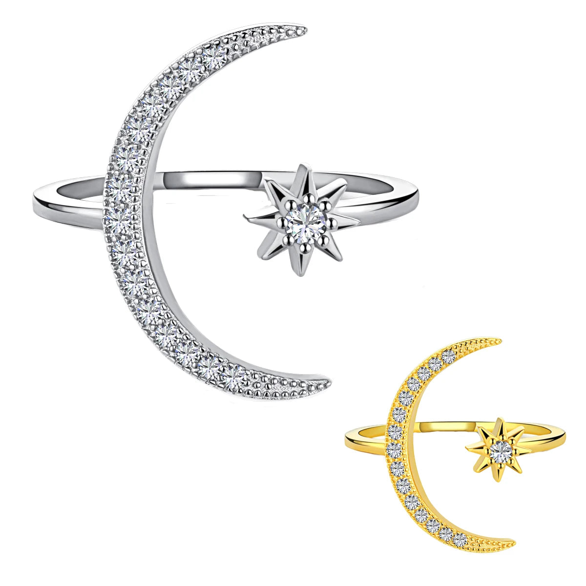 925 Sterling Silver Fine Jewelry Fashion Ins Style Moon Star Ring Rhodium Gold Plated Open Adjustable for Weddings & Parties