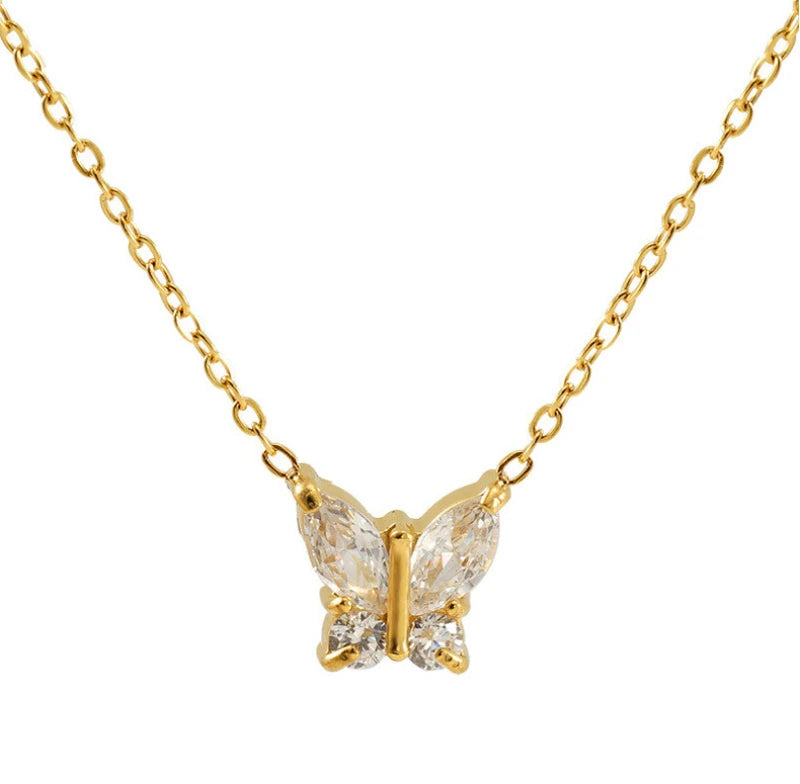 Butterfly Charm Zirconia Necklace 18K Gold Stainless Steel Necklace for Women