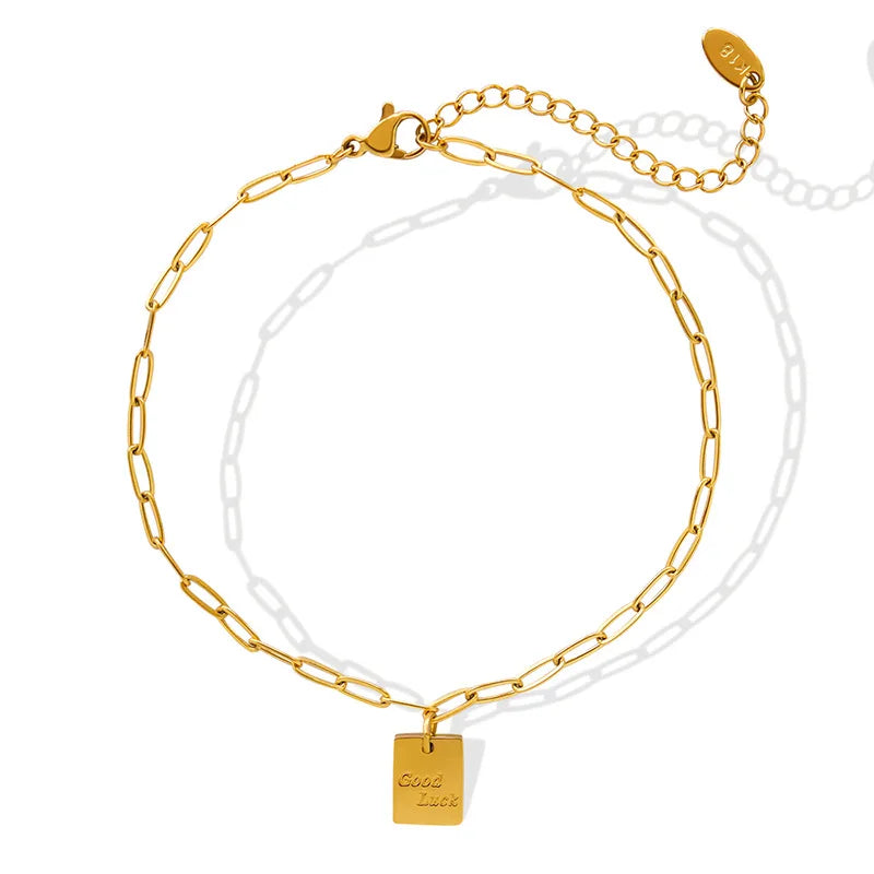 Waterproof 18K Gold Plated Custom Logo Stainless Steel Jewelry Engrave Small Rectangle Trendy Fashion Anklets for Women Gift