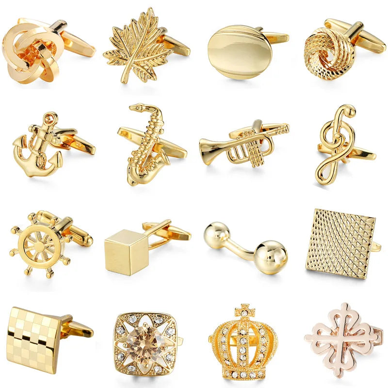 Elegant Solid Gold Fashion Plum Design Black Rhinestone Man Metal Cufflink