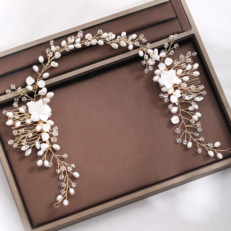 Bridal Handmade Pearl Floral Headband Metal Flower Hair Comb Bridal Wedding Hair Accessories
