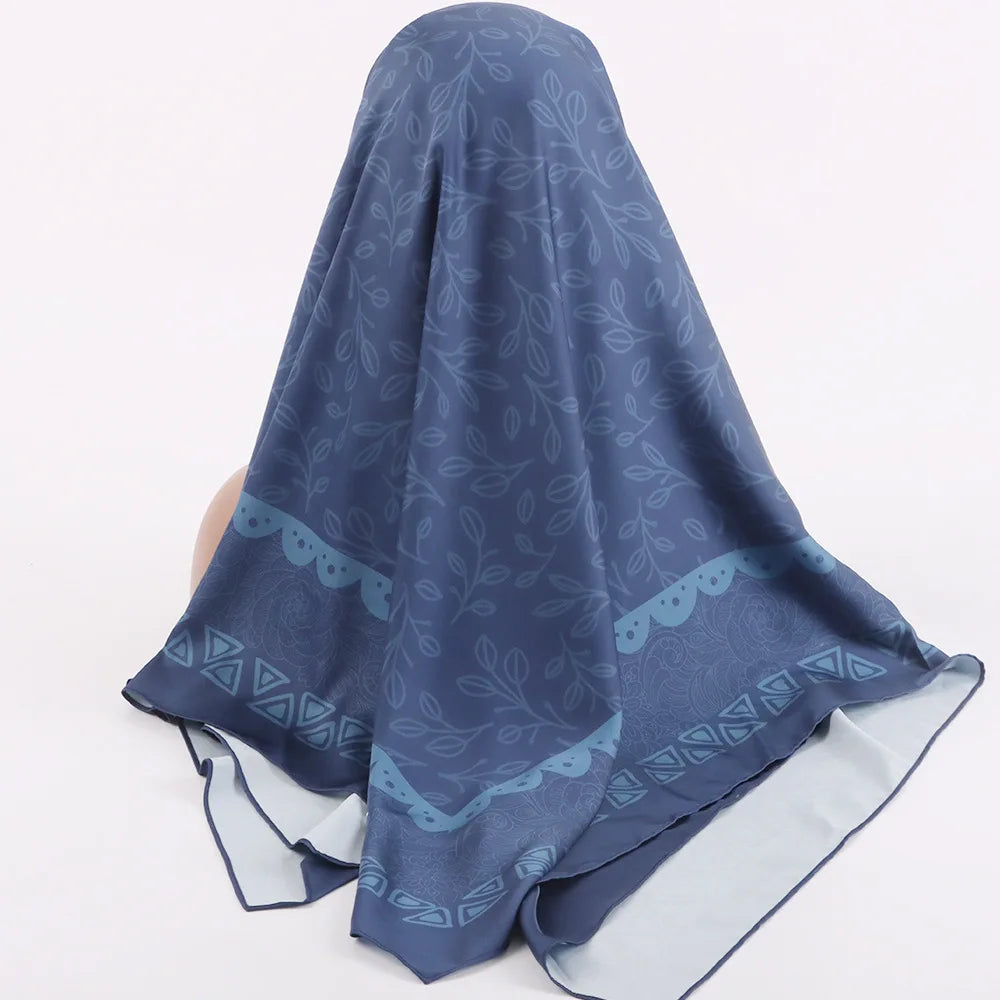 Malaysian Triangle Instant Hijab Custom Chiffon Satin Silk Tie Back Hijabs Leaf Print Head Cover for Woman Muslim
