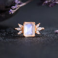 925 Sterling Silver Rose Gold Plated Emerald Cut Natural Rainbow Moonstone Engagement Ring Wedding Rings