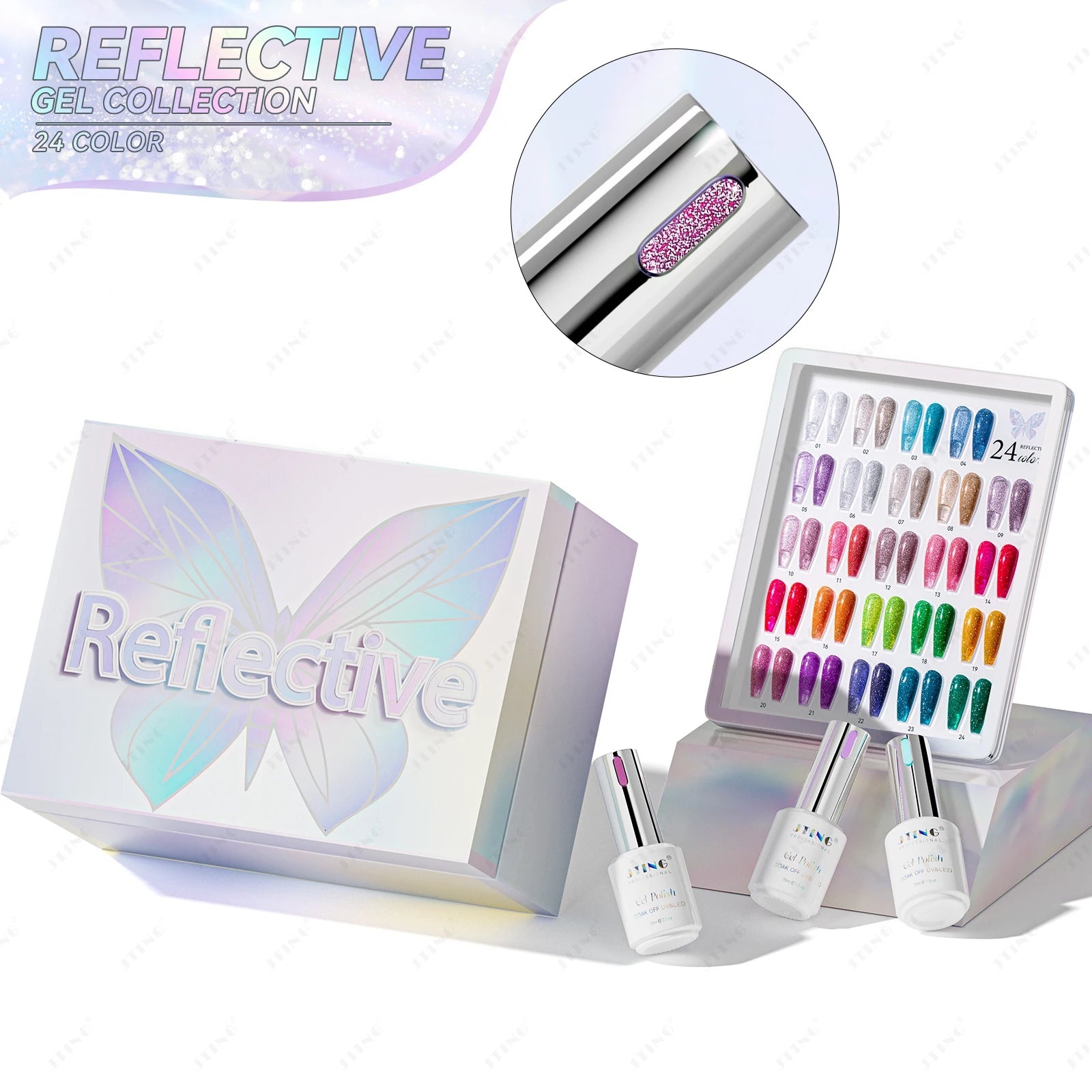 JTING Exquisite Design 24color Reflective Disco Gel Collection Set Box OEM Free Custom High Pigment Reflective Gel Nail Polish