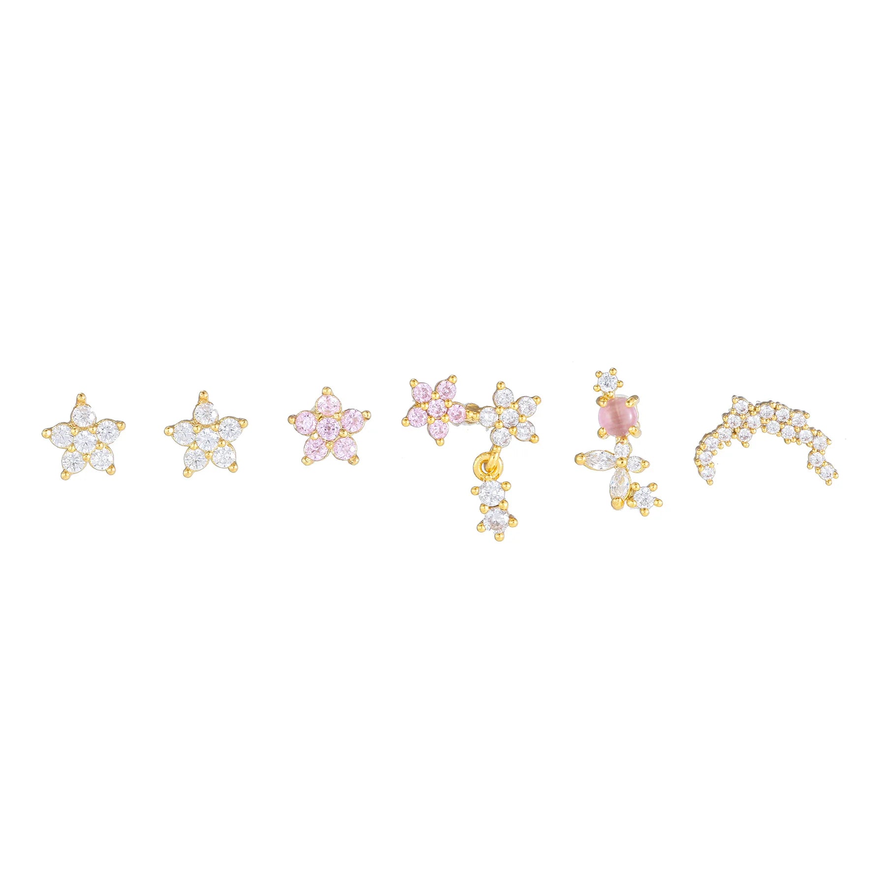 Fashion Jewelry Sweet Simple Set Earrings 18K Gold Plated Brass Earrings Hot Selling Flower Zircon Six-Piece Earrings for Women