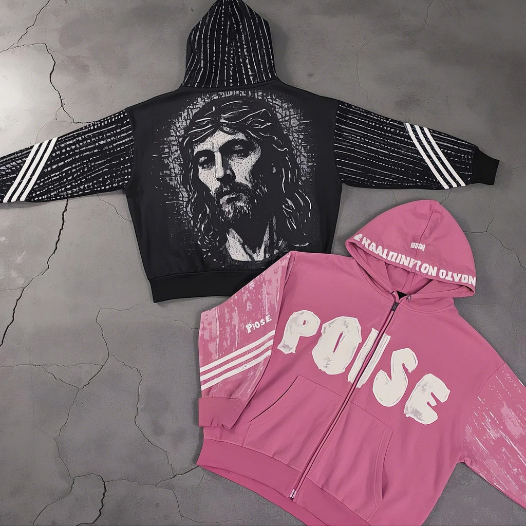 New Fashion Y2K Streetwear Sun Faded Vintage Pullover Acid Wash Applique Patch Letter Rhinestone Zip up Hoodie for Men