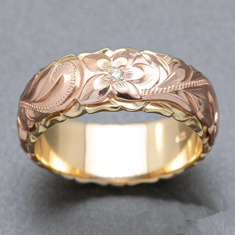 Huitan Ethnic Jewelry Retro Leaf Flower Carvied Dainty New Lady Lucky Flower Rose Gold Gold Plated Simple Rings Women Vintage