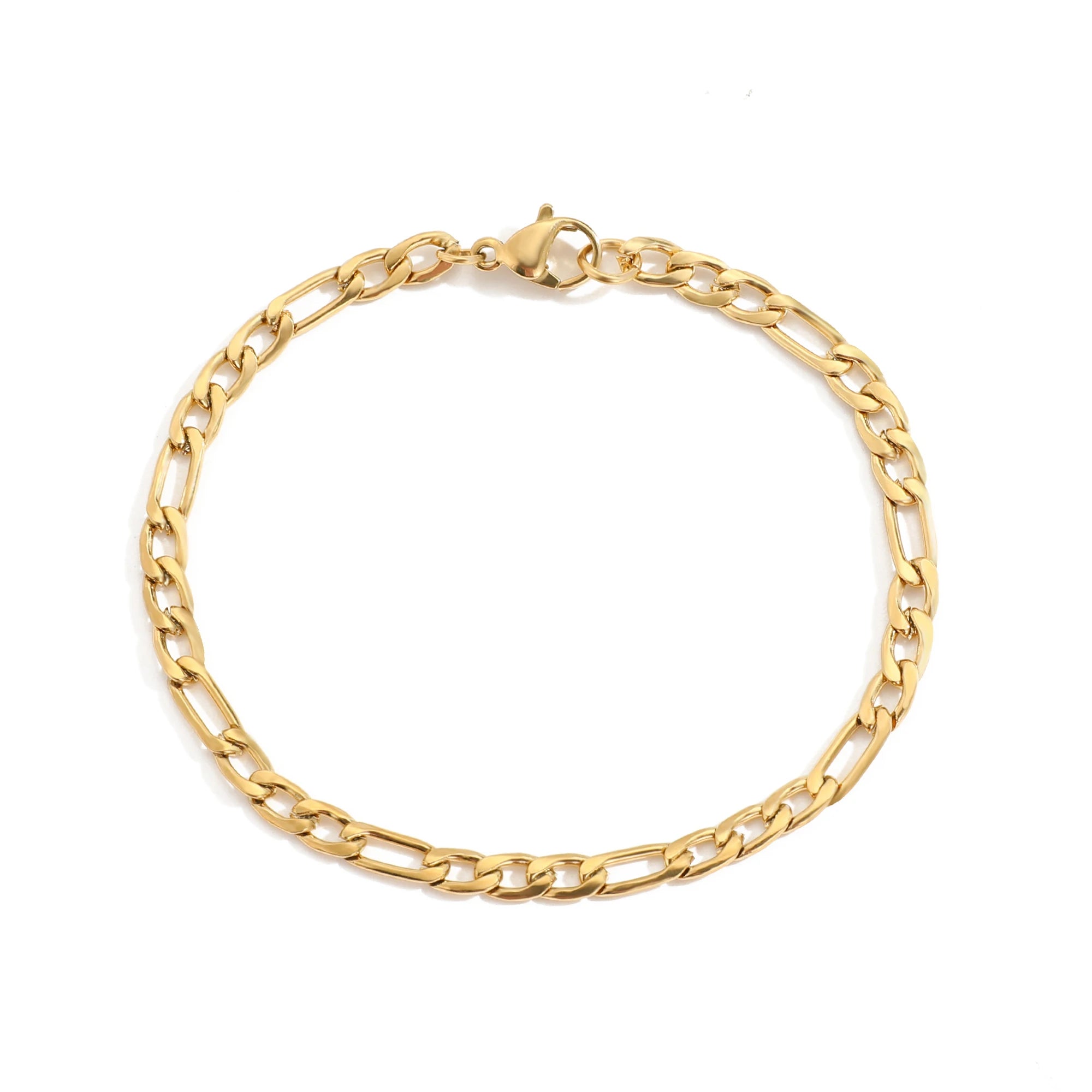 Simple 316L Stainless Steel 14K Gold Plated 4MM Wide 19cm Length Figaro Chain Link Chain Bracelet Jewelry