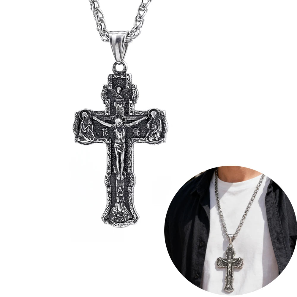 Antique Water Proof Stainless Steel Christianity Orthodox Religious Jesus Crucifix Cross Pendant Necklace for Church