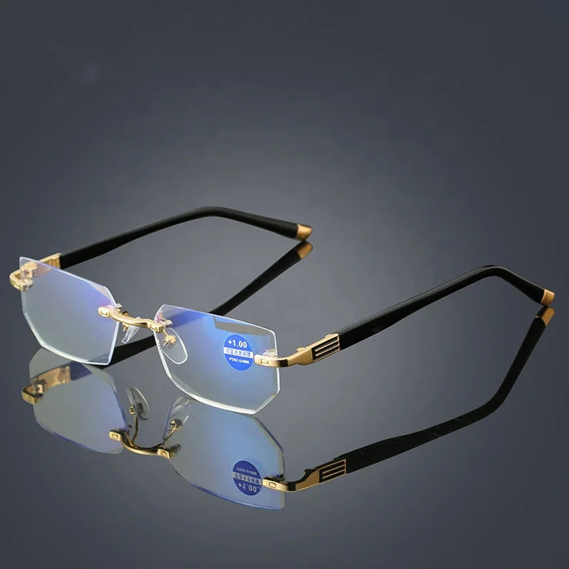 Custom Cut Out Edge Rectangle Rimless Prescription Glasses Frame Blue Light Blocking Old People Reading Optical Glasses