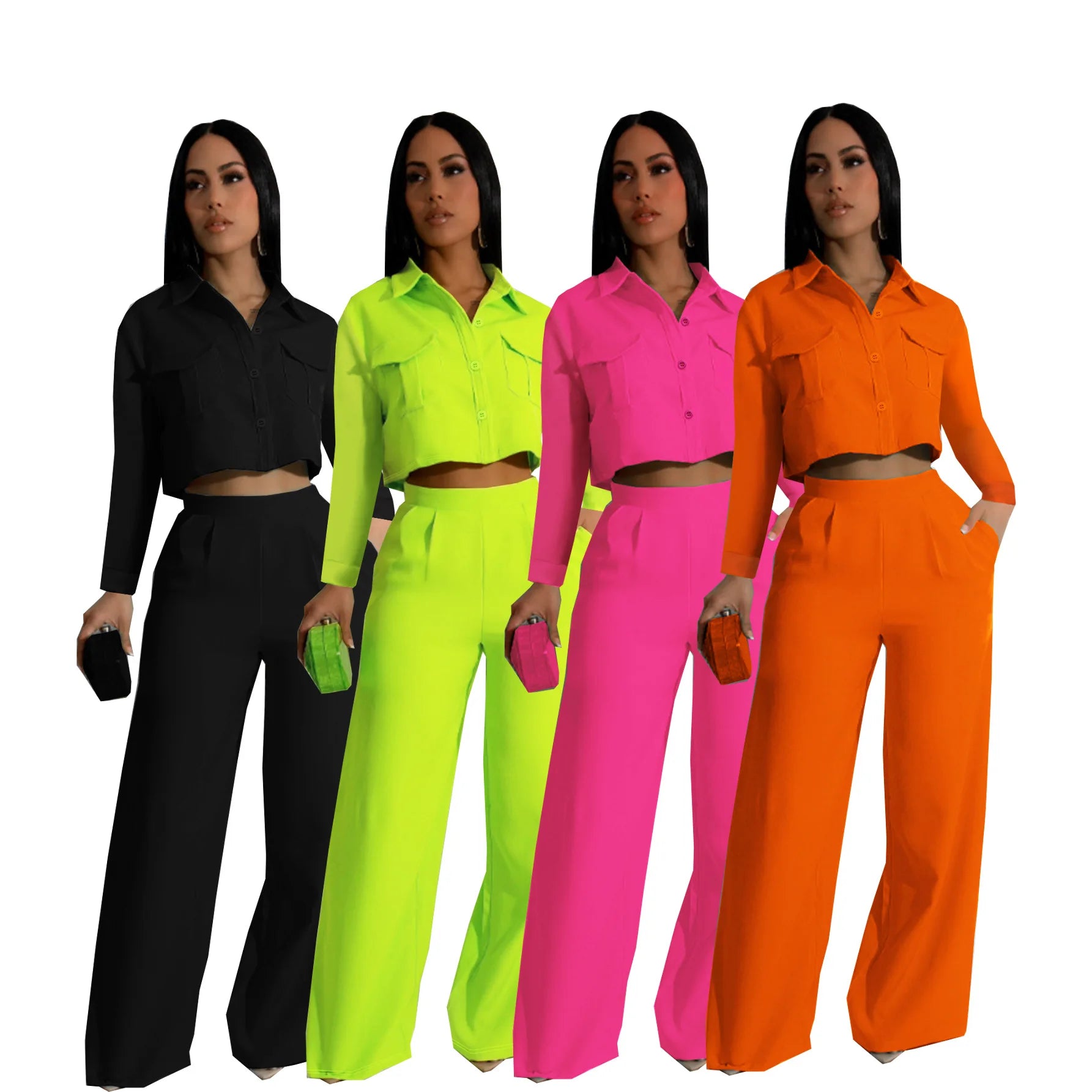 Customize Women's Autumn Fashion Clothing Stand Collar Long Sleeve High Waist Wide Leg Long Pants Commuting Elegant Set