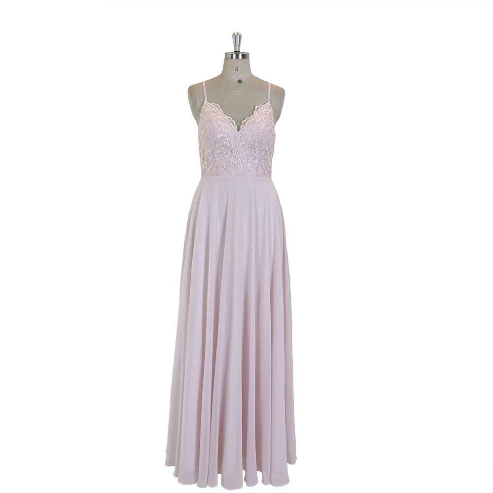 TEENYEE Durable V-Neck Cross Back Pink Bridesmaid Dress Long Lace Evening Dresses Women Lady Elegant