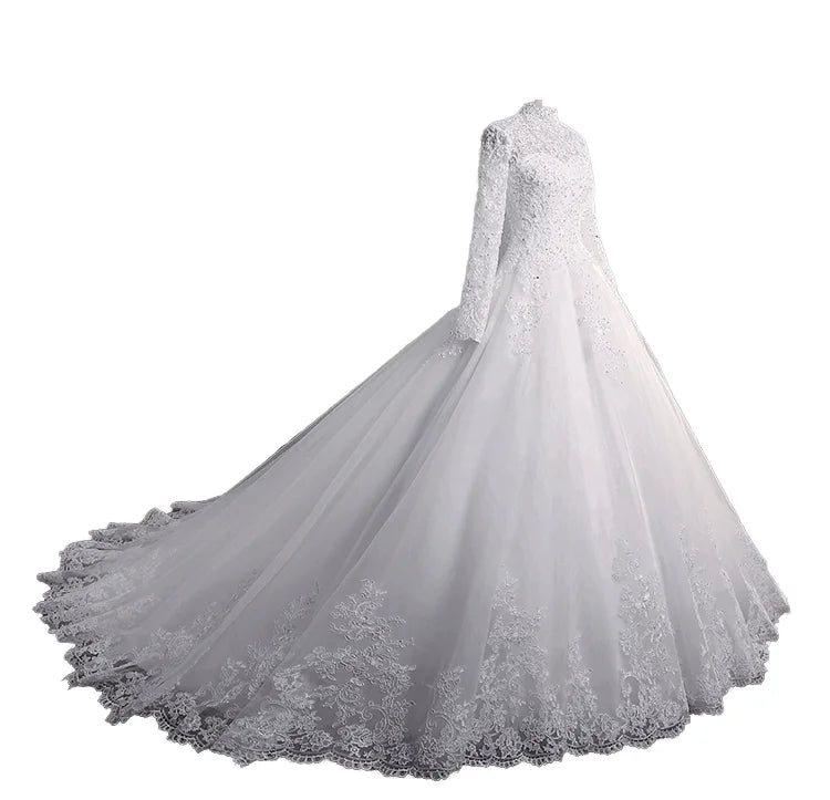 Elegant White Women's Ball Gown Wedding Dress with Lace Floor-Length Big Tail-for Muslim Weddings
