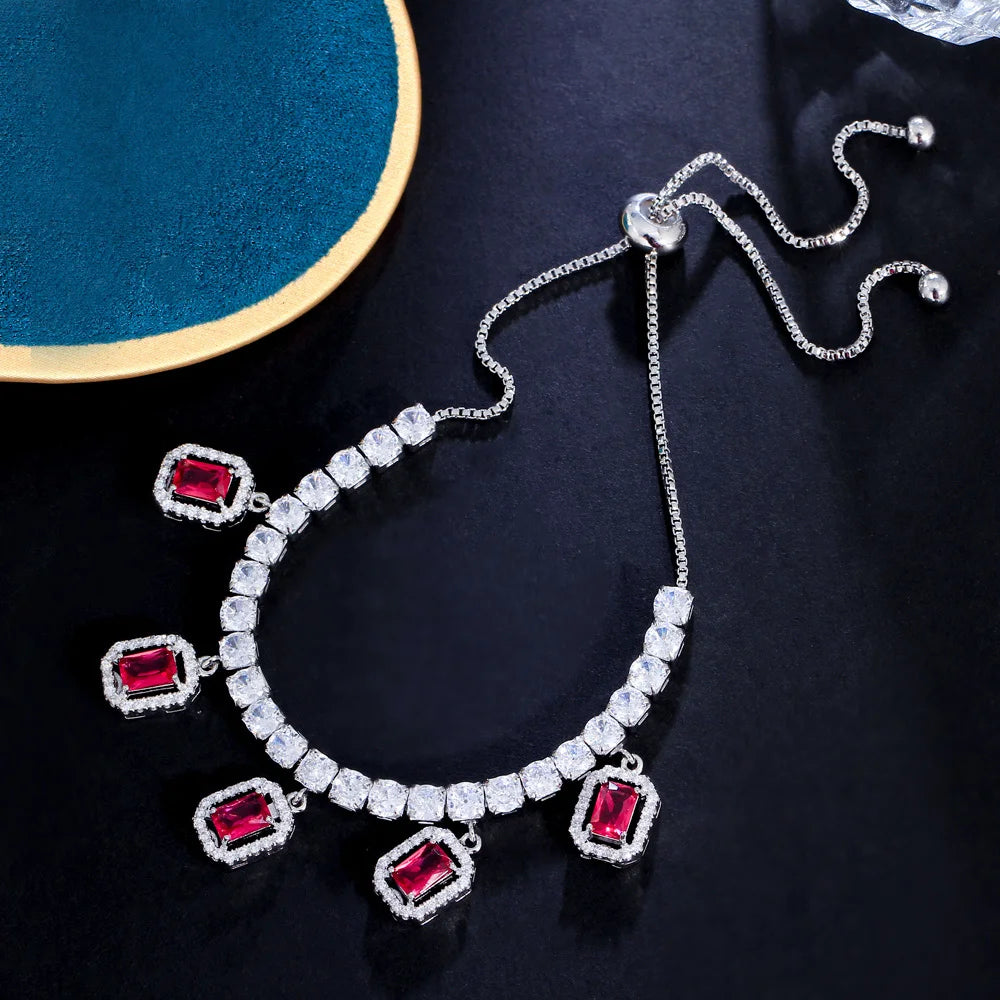 Adjustable Size Luxury Bling Blue Red Cubic Zirconia Silver Color Rectangle Tennis Charms Bracelets for Women Jewelry