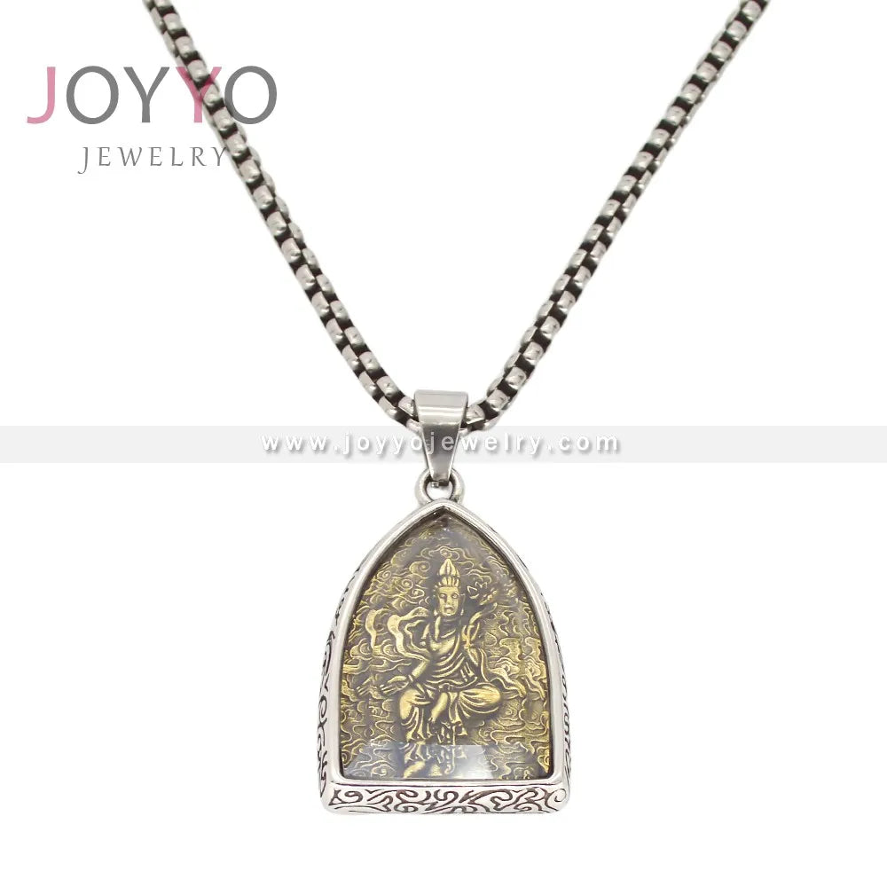 Double Side Vintage Buddha Pendant Necklace Tibetan Amitabha Stainless Steel Buddhist Jewelry