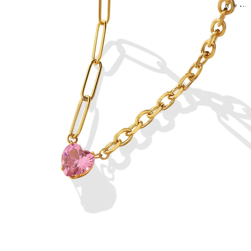 Fenny 18K Gold Plated Wholesale No Fade Love Pink Heart Zirconia Pendant Pin Link Mixed Chain Stainless Steel Necklace for Women