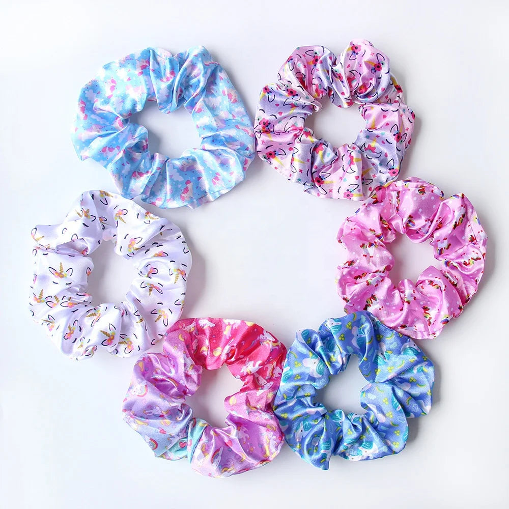 Return Gift Women Kids Elastic Pony Tail Satin Accessories Hair Band Teenager Hair Tie Printed Unicorn Scrunchies for Girls