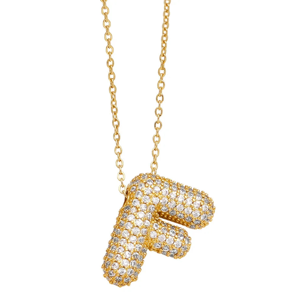 Bubble Letter Necklace Brass Gold Plated Link Chain Balloon Initial Pendant Dainty Iced Out CZ Jewelry Gift Women Girls