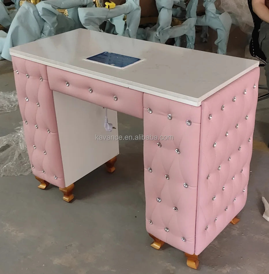 2023 Hot Sale Modern Luxury Pink Diamond Nail Manicure Table with Drawer for Salon Furniture