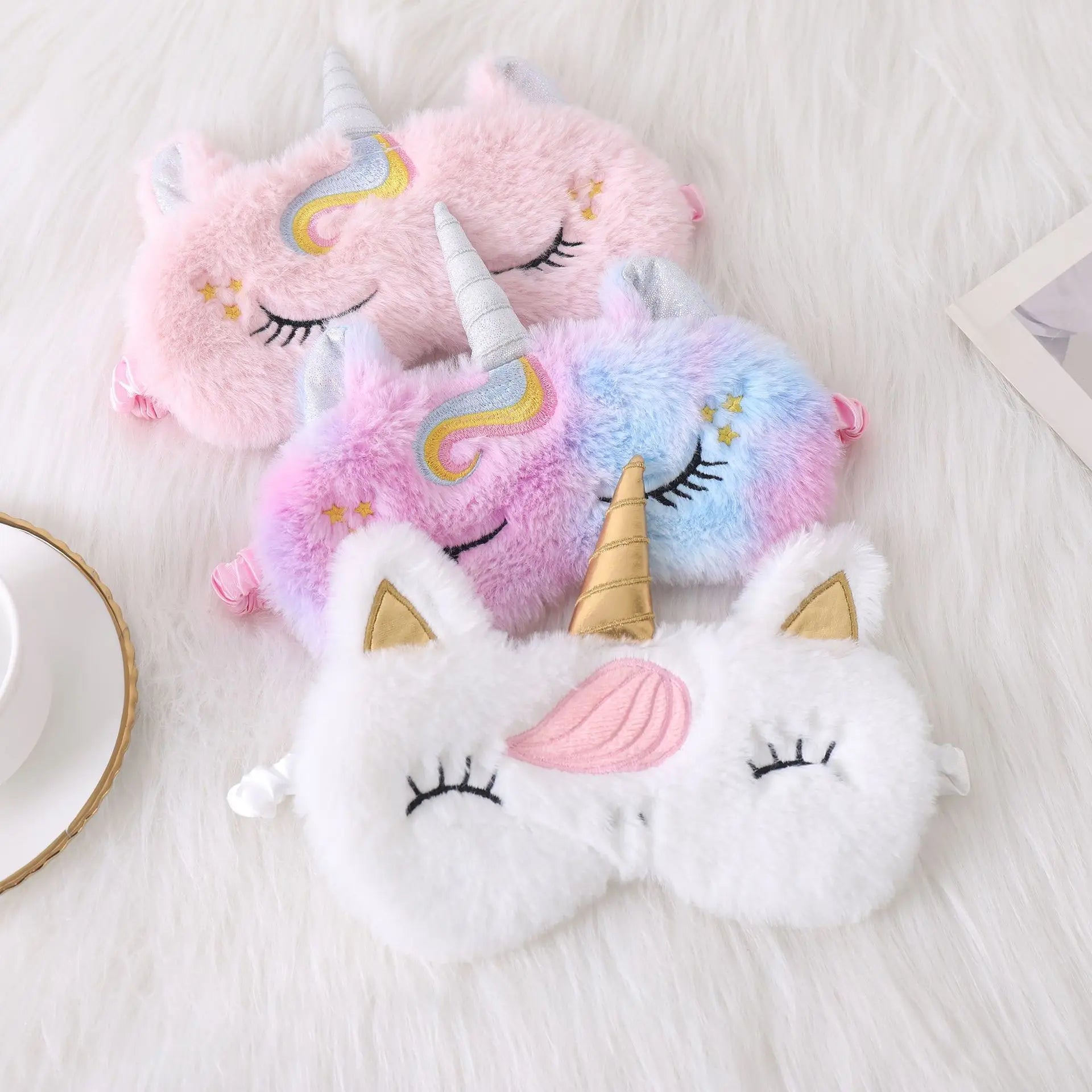 Cute Little Rabbit Fur Embroidered Plush Eye Mask Ears Light-Blocking Sleep Unicorn Eye Protection Elastic Strap Stock Available