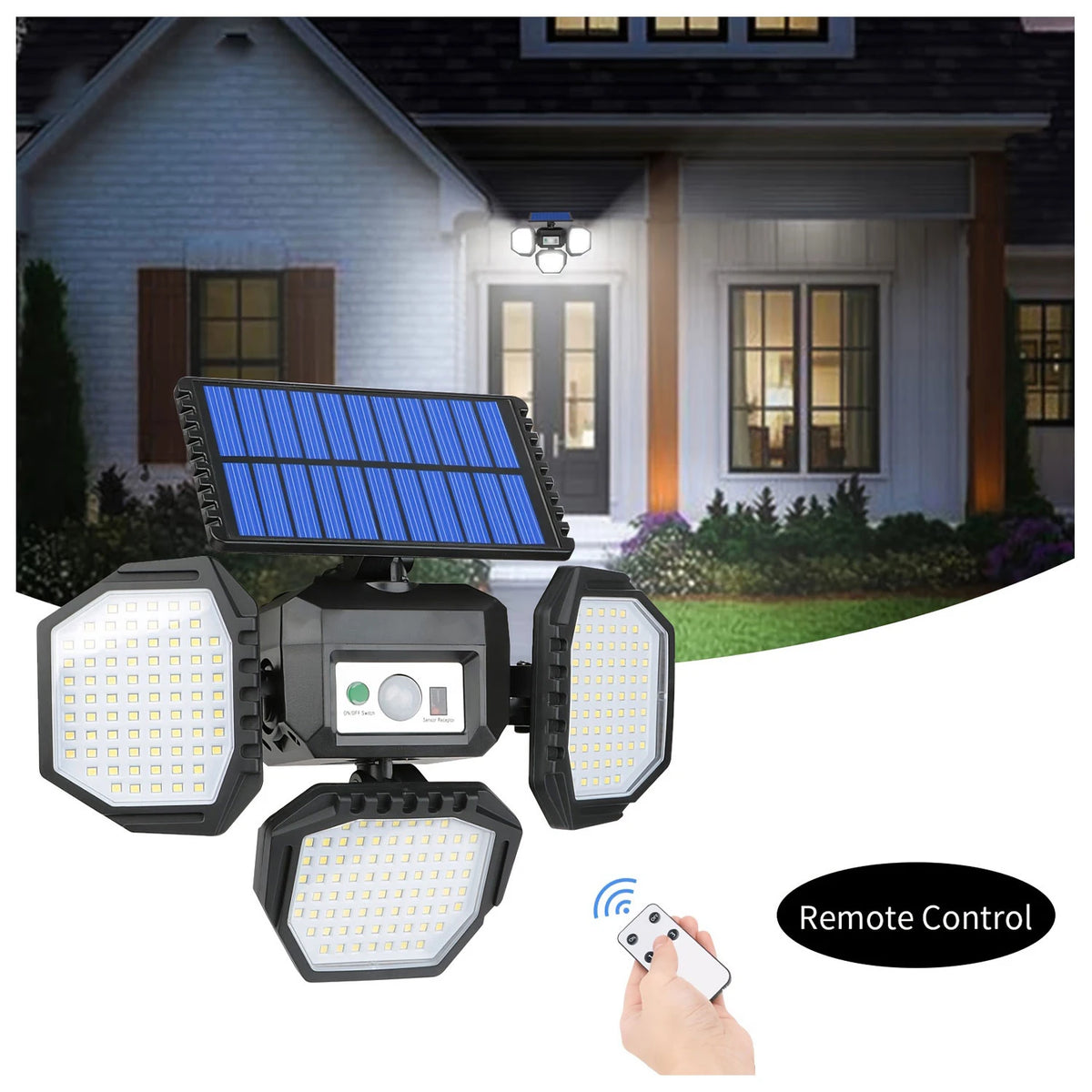 3 Head Adjustable Solar Wall Light Remote Control PIR Motion Sensor 4500mAh Garden Security Outdoor Courtyard MegaBDM