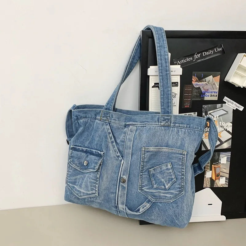 Large Capacity Women's Tote Shoulder Bags Simple Portable Ladies Denim Cloth Messenger Bag Solid Color Female Purse Handbags