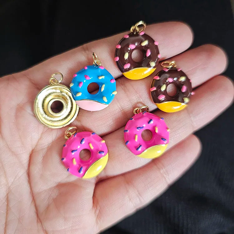 JS1560 Cute Gold Plated Enamel Brass Metal Multi Colored Sweet Dessert Donut Doughnut Food Charms Pendant