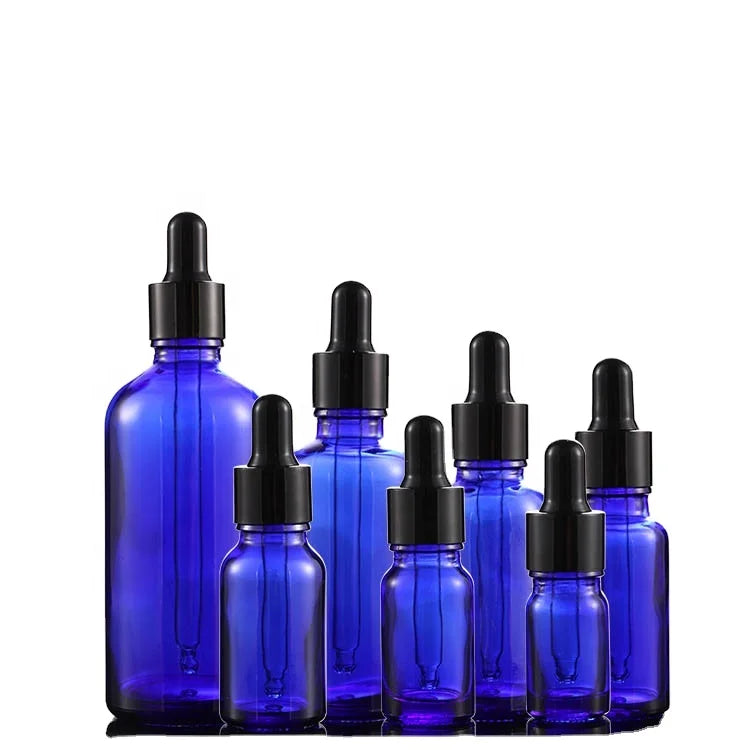 5ml 10ml 15ml 20ml 30ml 50ml 100ml Blue Glass Essential Oil Aluminum Dropper Bottles