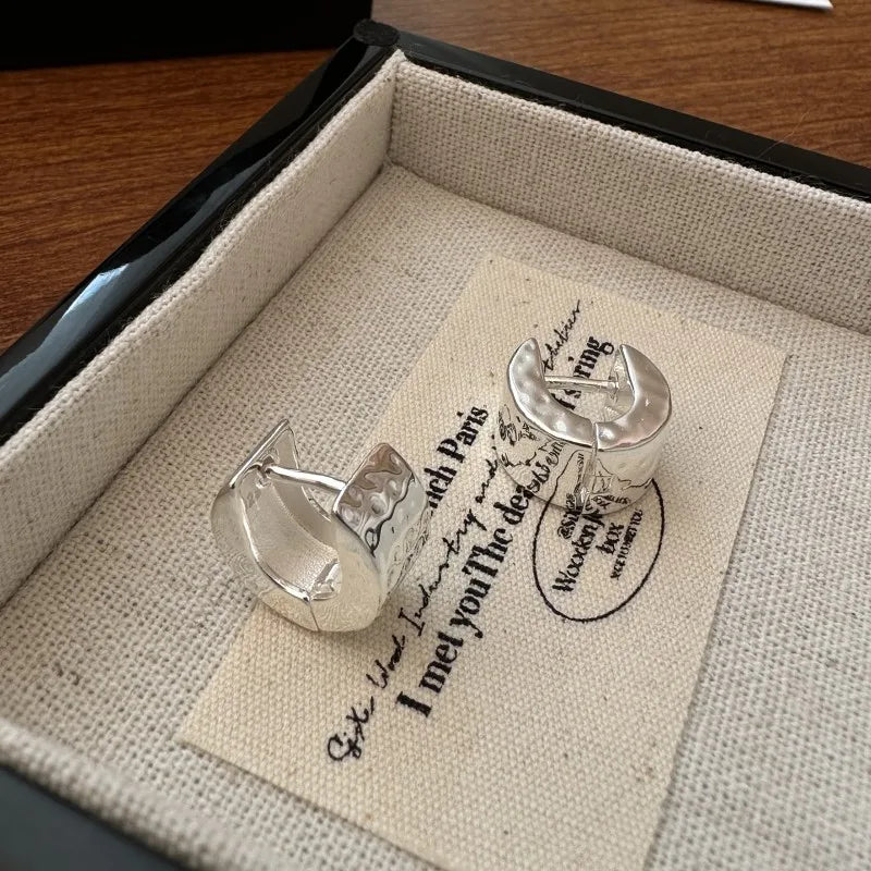 Fine Jewelry c Style 925 Sterling Silver Hammered Thick Band Hoop Earring