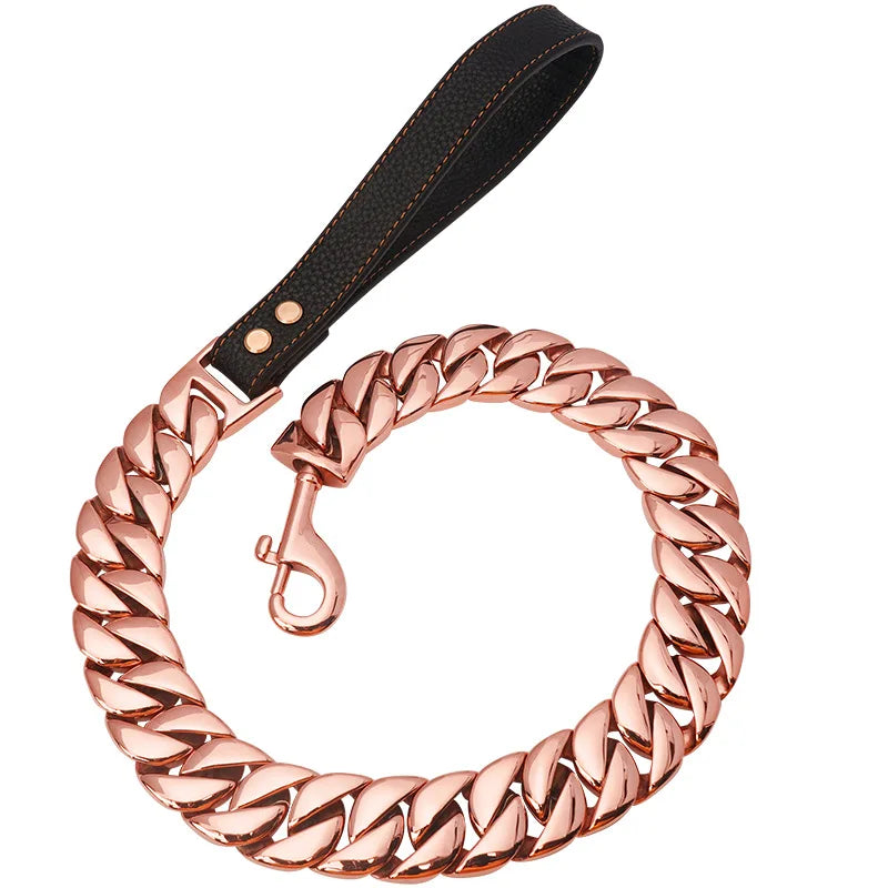 32mm Luxury Large Dog Leash Collar Nylon Rope Walking Training with Gold Stainless Steel Chain Pet Accessories