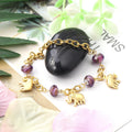 18K Gold Plated Stainless Steel Elephant Charm Bracelet with Purple Beads Lucky Symbol Women Gift Adjustable Length Wholesale