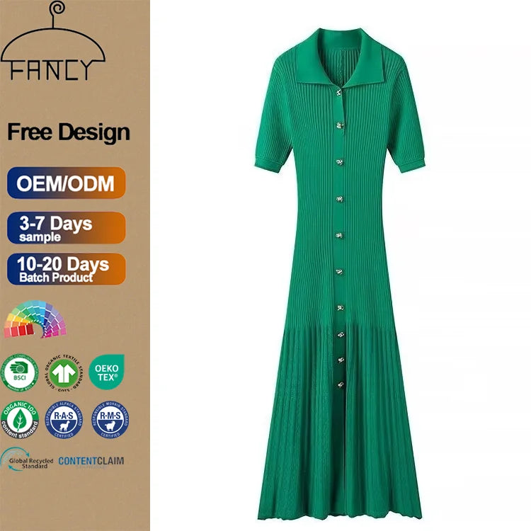 Wholesale New Fashion Casual Knitted Dresses for Women Winter Autumn Short-Sleeved V-Neck Knit Button Decoration Tunic Dress