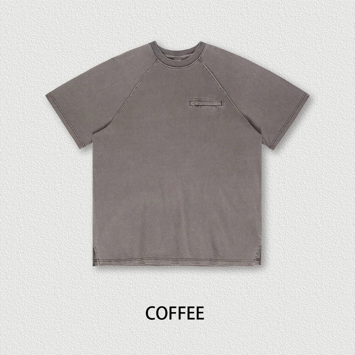270g Heavy Weight Vintage Washed Blank Oversize T-shirt With Pocket Zipper High Street Solid Color Causal t Shirt