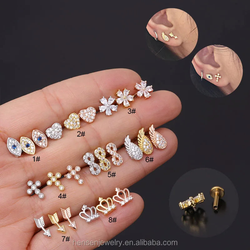 New Arrival Flat Back Internally Thread Stainless Steel Barbell CZ Sword Cross  Lip Ring Ear Helix Rook Piercing Jewelry