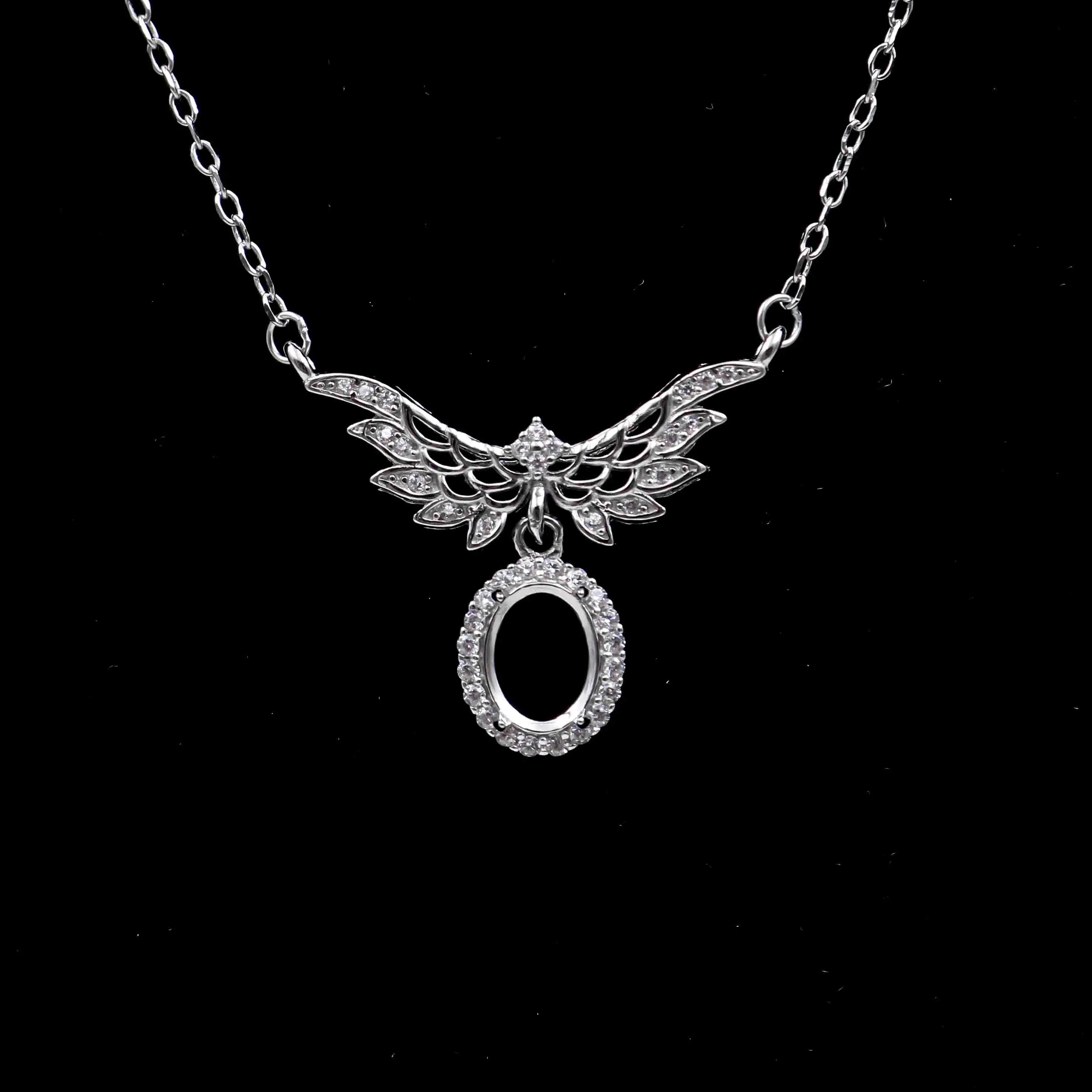 Sterling Silver 6*8mm Semi Mount Necklace Empty Frame Blank Support Setting S925 Base Holder Without Center Stone for DIY Inlay