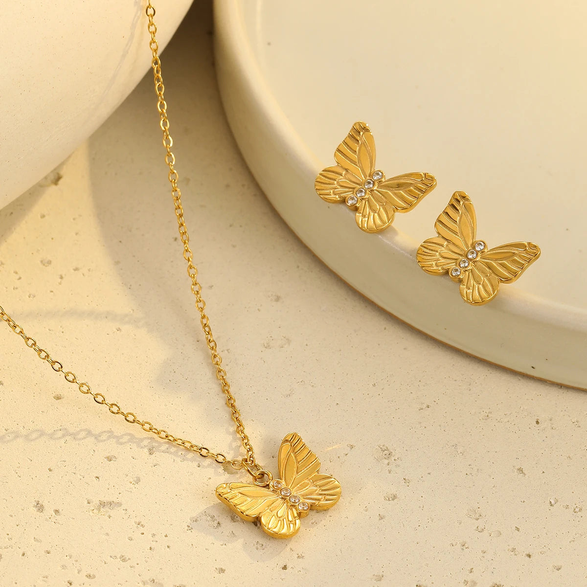 Stainless Steel Zircon Butterfly Jewelry Set Women 18k Gold Waterproof Vintage Stud Earrings and Charm Necklace Accessory