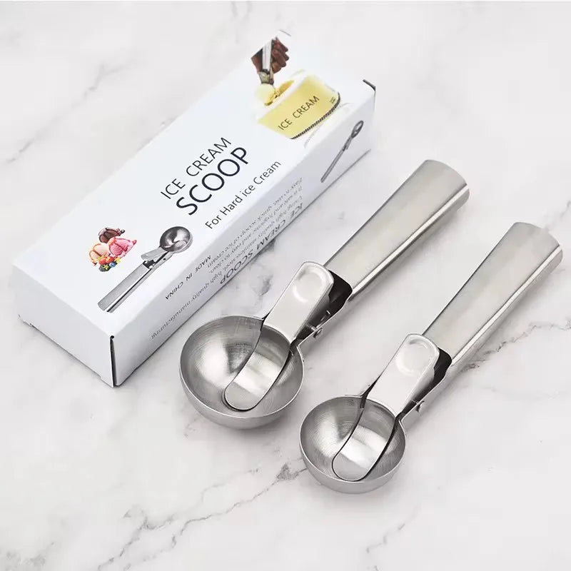 Premium Stainless Steel Silver Fashionable 2 Sizes Eco-Friendly Ice Cream Scoop Trigger Cookie Scoop Ball Maker in Box Packaging
