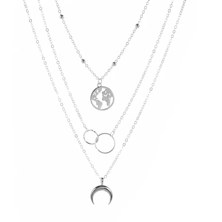 Wholesale Fashion Gold  Silver Moon Map Boho Multilayer Necklaces for Women Fine Jewelry Necklaces