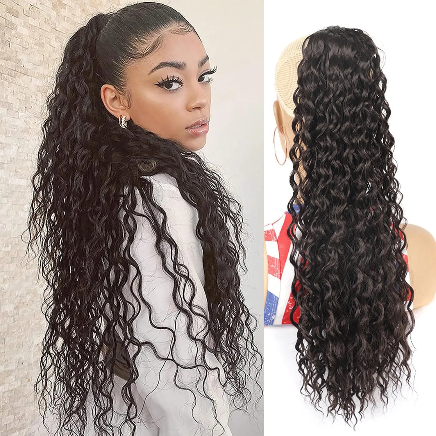 Long Curly Ponytail Clip in Synthetic Drawstring Ponytail 16/22/30 Inch Deep Wave Pony Tail Wigs for Women Hair Piece Extensions