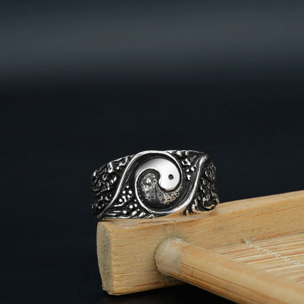 Men Silver Plated Copper Wealth Taiji Ring Retro Good Luck Open Feng Shui Lucky Adjustable Yin Yang Ring