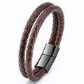 Fashion Minimalist Mens Bracelets Customized logo Black PVD Plated Clasp Double Layered Leather Bracelet for Men Father Jewelry