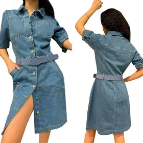 RNSHANGER Famous Brand Embroidered Logo Jeans Dress for Women Spring Elegant Midi Dress Designer Button Down Denim Dress