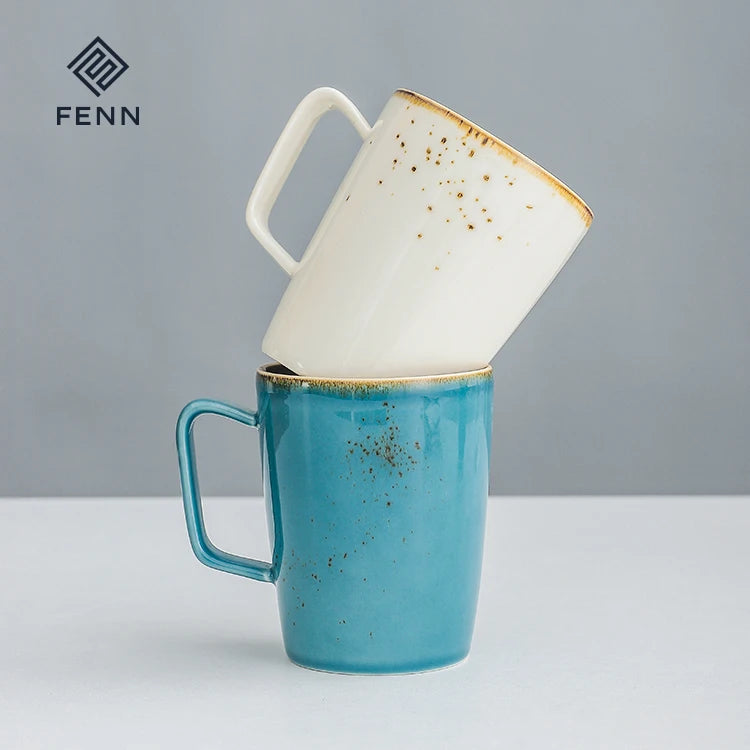FENN Hot Sell Custom Hand Painted Ceramic Coffee Cups Teaware Ceramic Tea Mug with Reactive Brown Glaze Rim for Home and Gifts