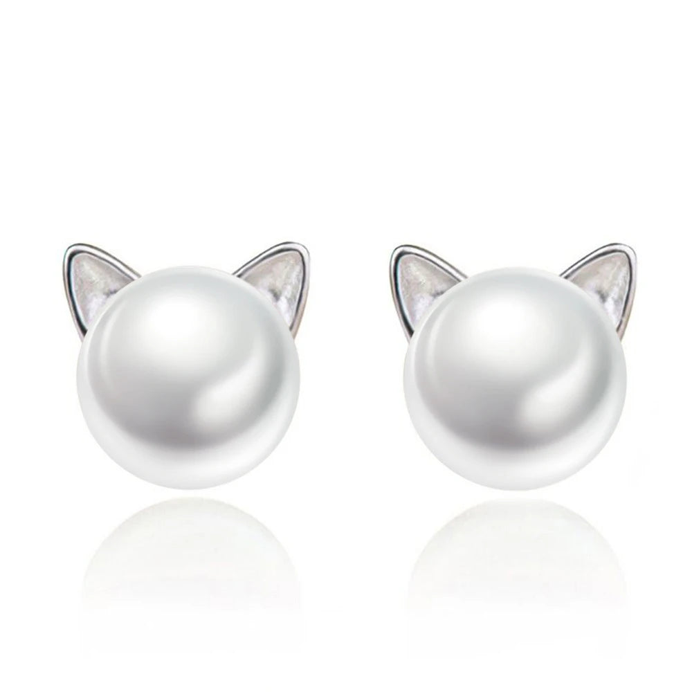 Simple Design 925 Silver Plated Cat Shaped Women Pearl Stud Earring Jewelry