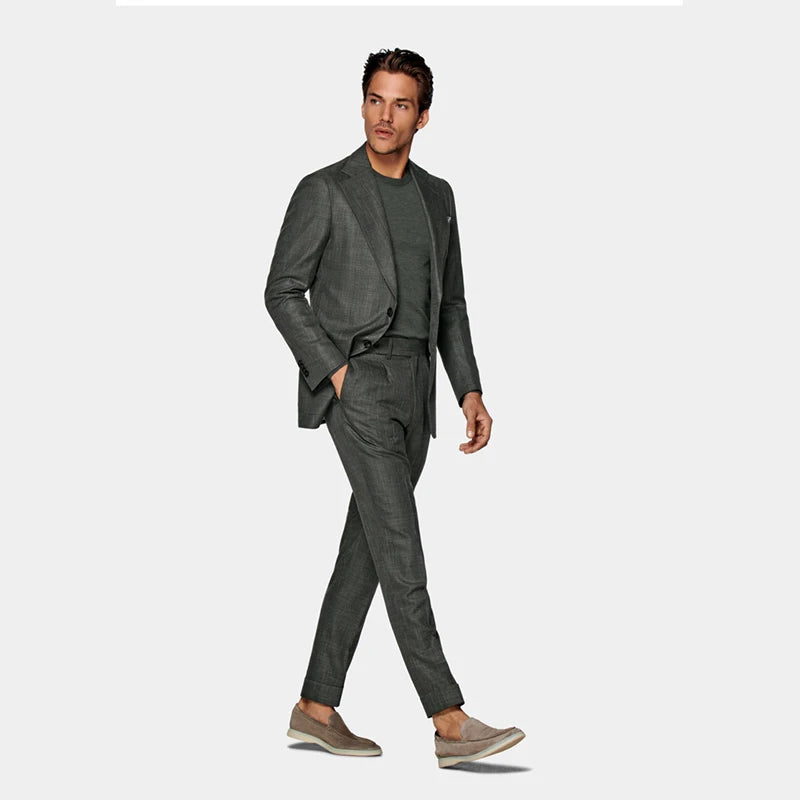 Medium Green Wool Silk and Linen Blended Slim Men's Two Single-breasted Suits for Business Gentlemen