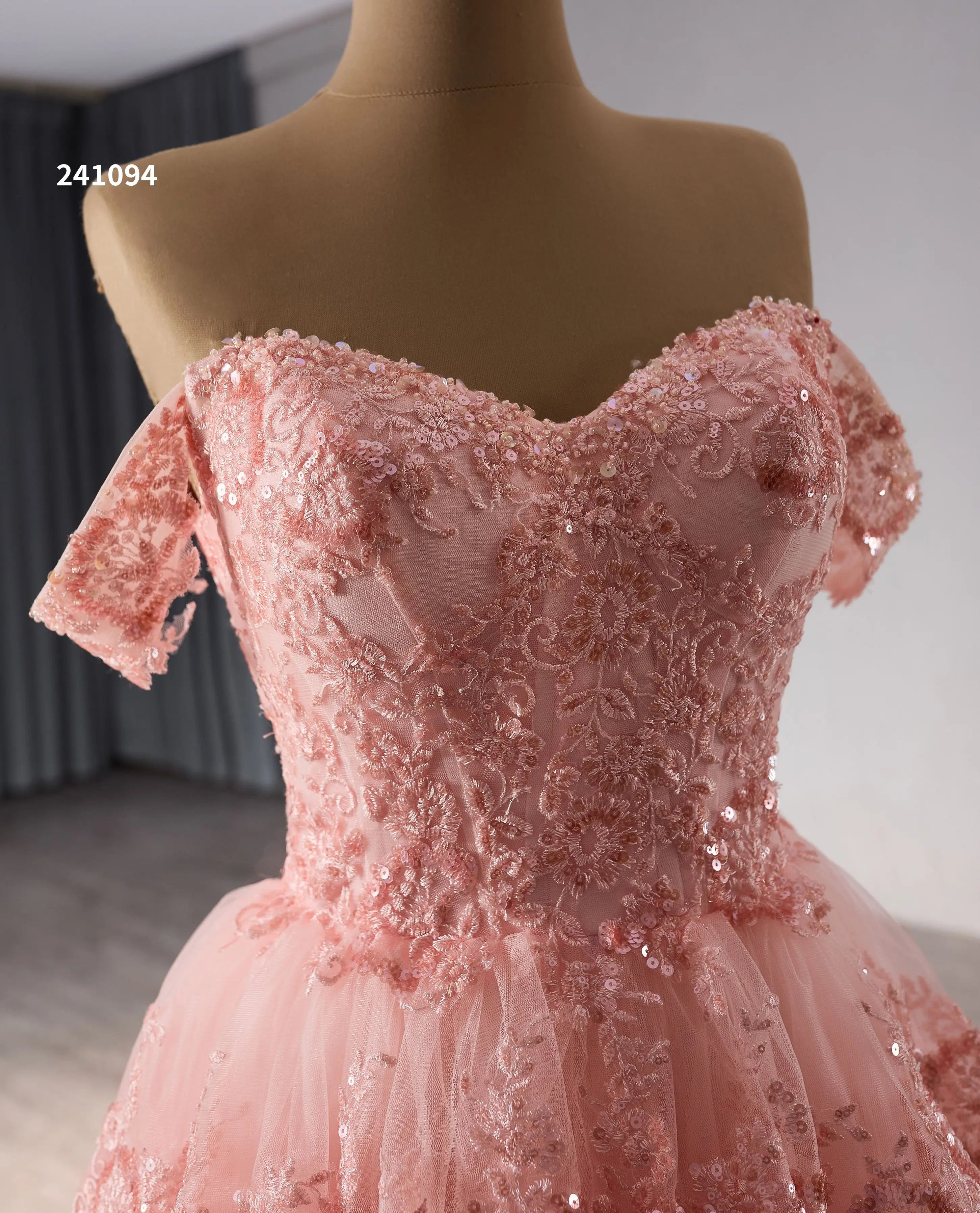 New Design Shoulder A-Line Sequin Princess Evening Party Dresses with Natural Waistline