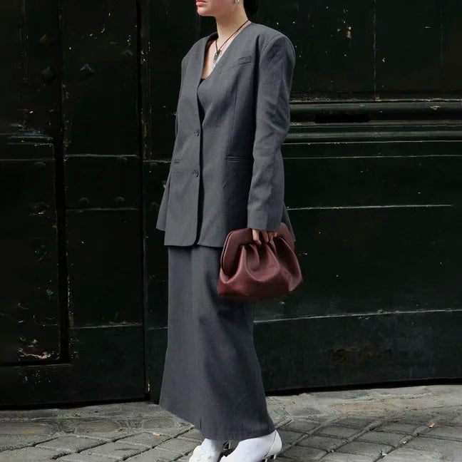 Enyami Work Dresses Tie-waist Wrap Set Elegant Grey Office 2 Piece Outfit Set Women Casual V-Neck Long Sleeve Button Shirts