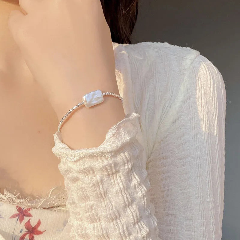 INS Fashion Jewelry 925 Silver Chain Bracelet for Women square Baroque Pearl Bracelet Broken Silver Hand Jewelry for Ladies