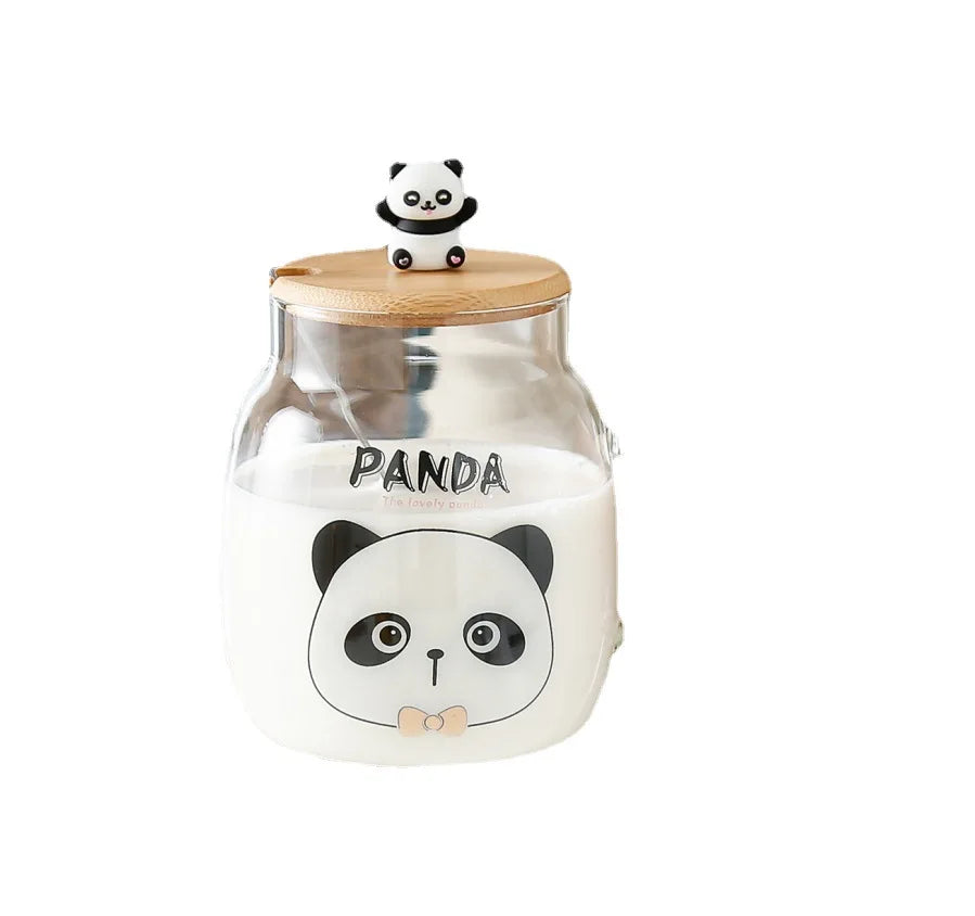 2022 New Cute Panda Glass Cup With Lids and Straws Juice Coffee Mug
